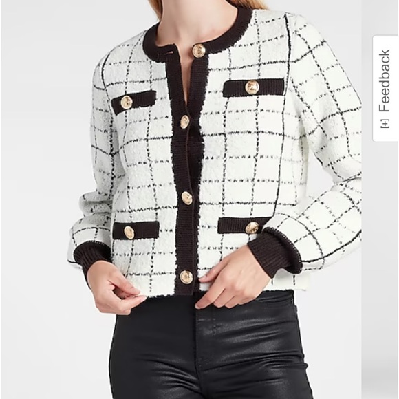 “Express” Chic plaid white/black sweater jacket with novelty buttons; XS; NWOT - Picture 2 of 13